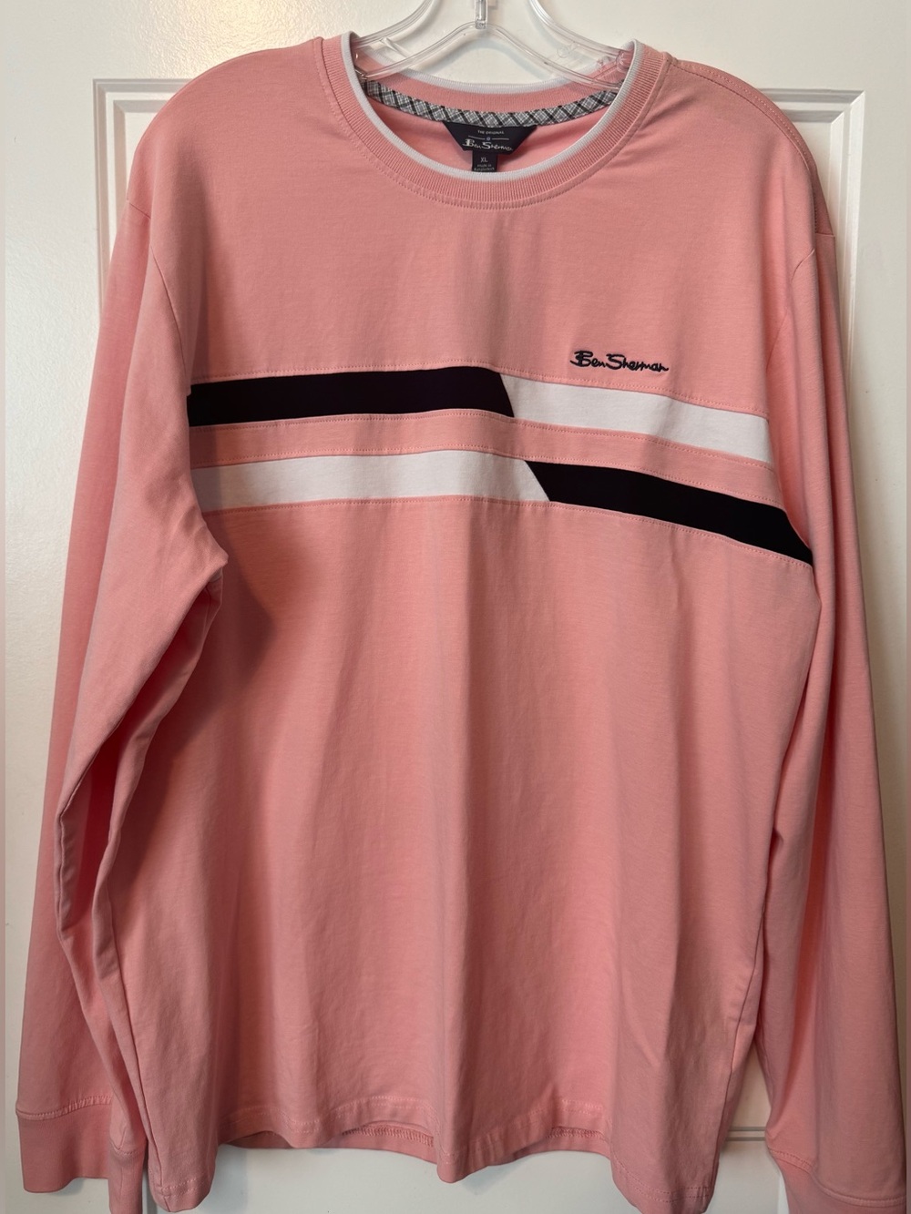 NWT Ben Sherman Pink Long Sleeve Stripe Logo Tee XL Cotton Stretch
